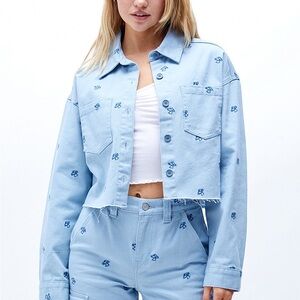 PacSun Women’s Dreamy Cropped Size M/L Mushroom Embroidered Denim Jacket